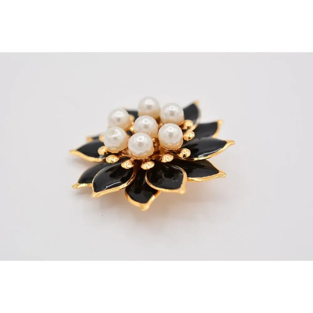 Vintage Flower Pin Brooch Black Enamel Faux Pearl Lightweight 1990s BinAT